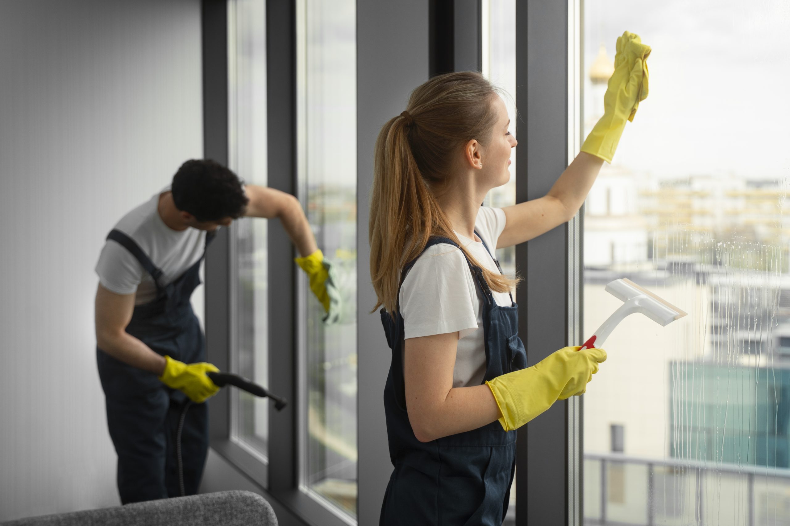 people cleaning windows in a commercial space