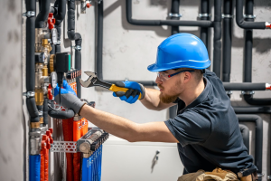 a plumber working in a commercial building